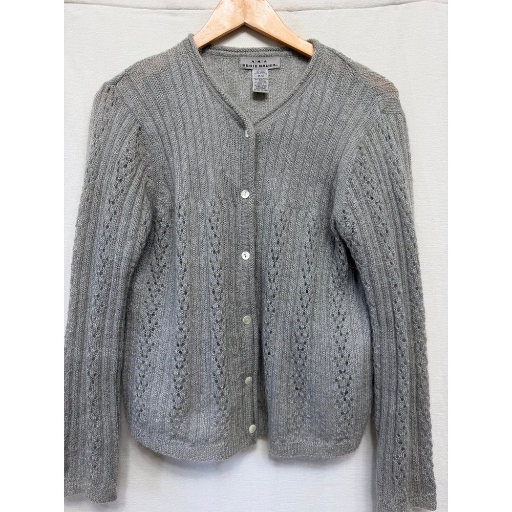AKA Eddie Bauer Vintage 90s Mohair Wool Pointelle Cardigan Gray Womens M UK Made